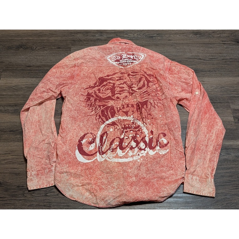 Ed Hardy Mens M Acid Wash Button Down Shirt Red Orange Tiger Graphic Y2K Tattoo
